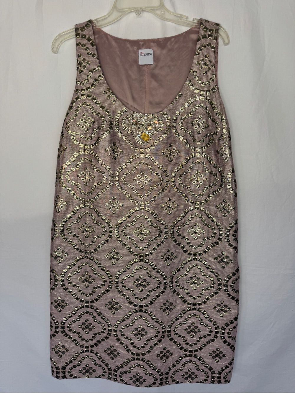 Valentino Pink Beaded Sleeveless with Gold Metallic Design Shift Dress